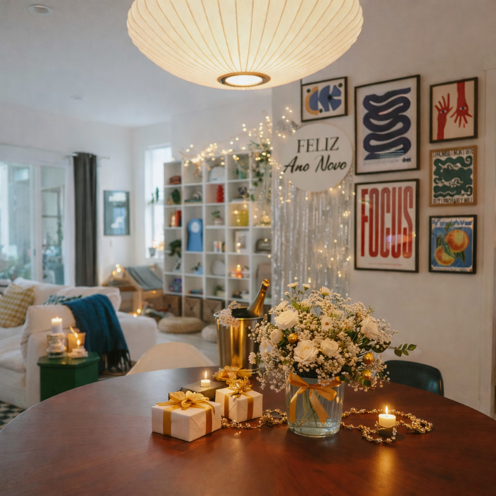 Decoração simples de casa para o Ano Novo com ambiente organizado e acolhedor
