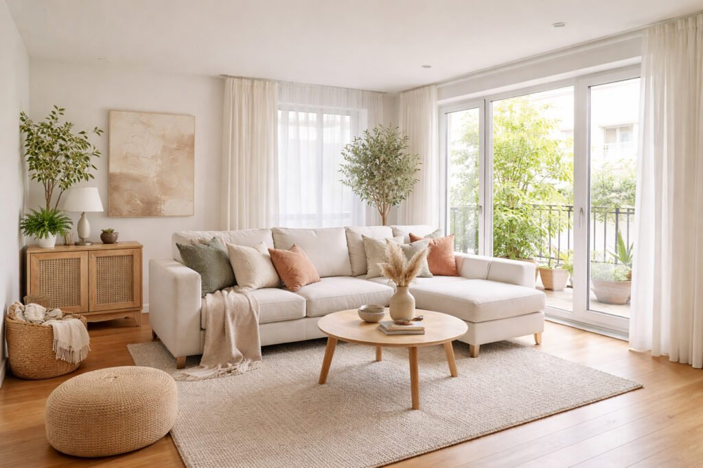sala-apartamento-decoracao-tons-neutros-2026 Sala de apartamento com sofá claro, decoração em tons neutros, iluminação natural e ambiente aconchegante
