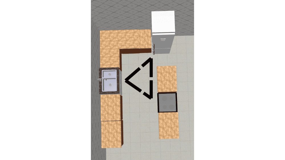 Ilustração em vista superior de cozinha com ilha central e distribuição funcional dos principais elementos