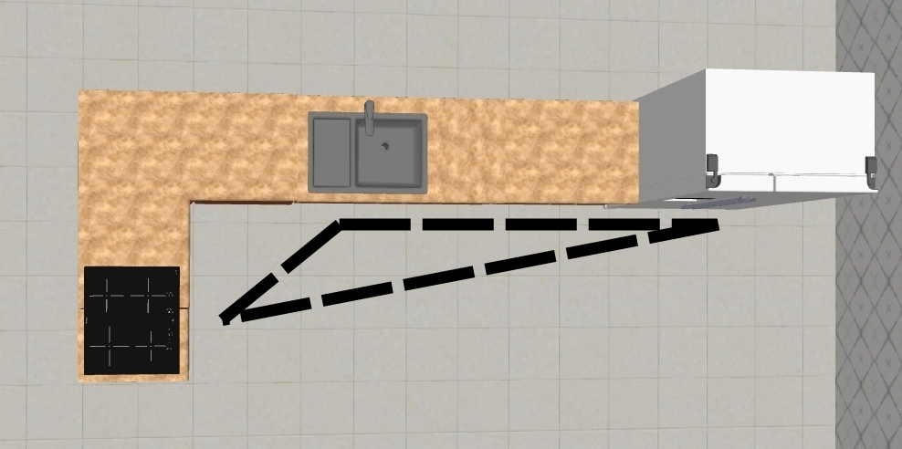 Ilustração digital de layout de cozinha em L usada para demonstrar organização e circulação.
