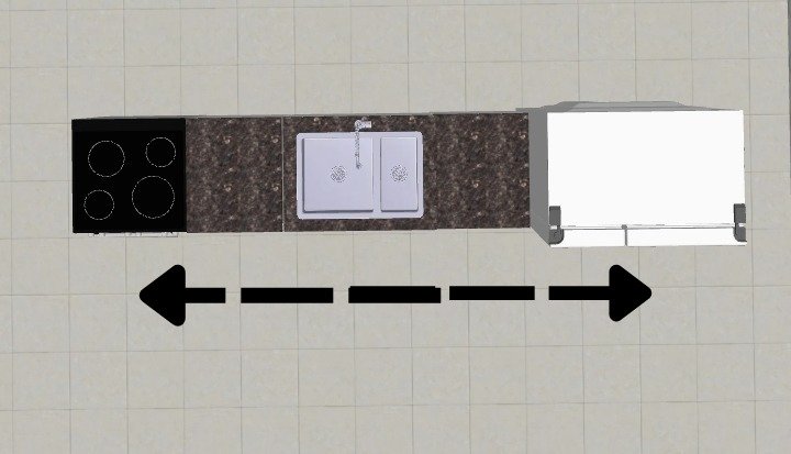 Ilustração em vista superior de uma cozinha linear mostrando geladeira, pia e fogão alinhados de forma funcional